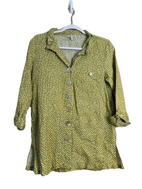 John Mark 100% Linen Pocket Lagenlook Tunic Blouse Green White Stripe 3/4 Sleeve